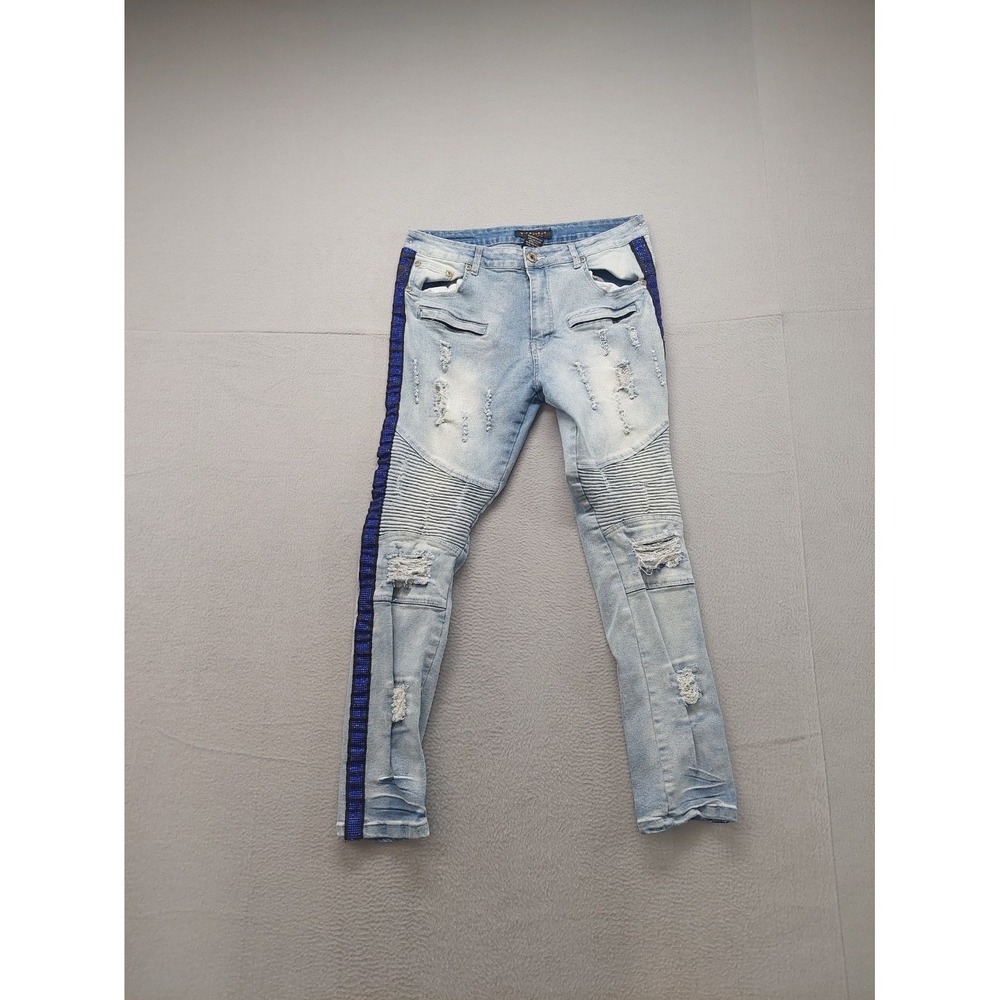 M‎ Society Men Jeans 36X32 Light Blue Zip Button Pockets Distressed Logo Casual